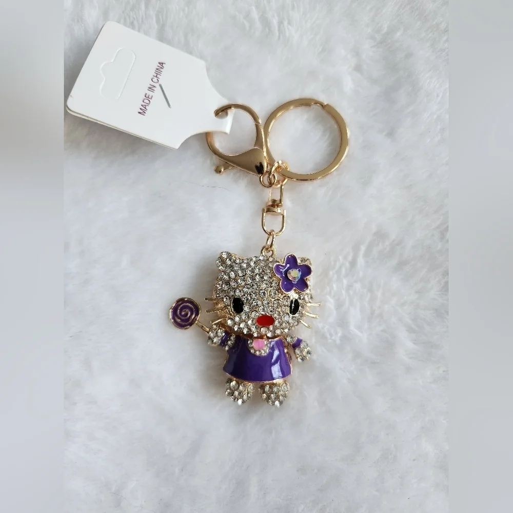 Hello Kitty Purple Movable Rhinestone Keychain Bag Charm